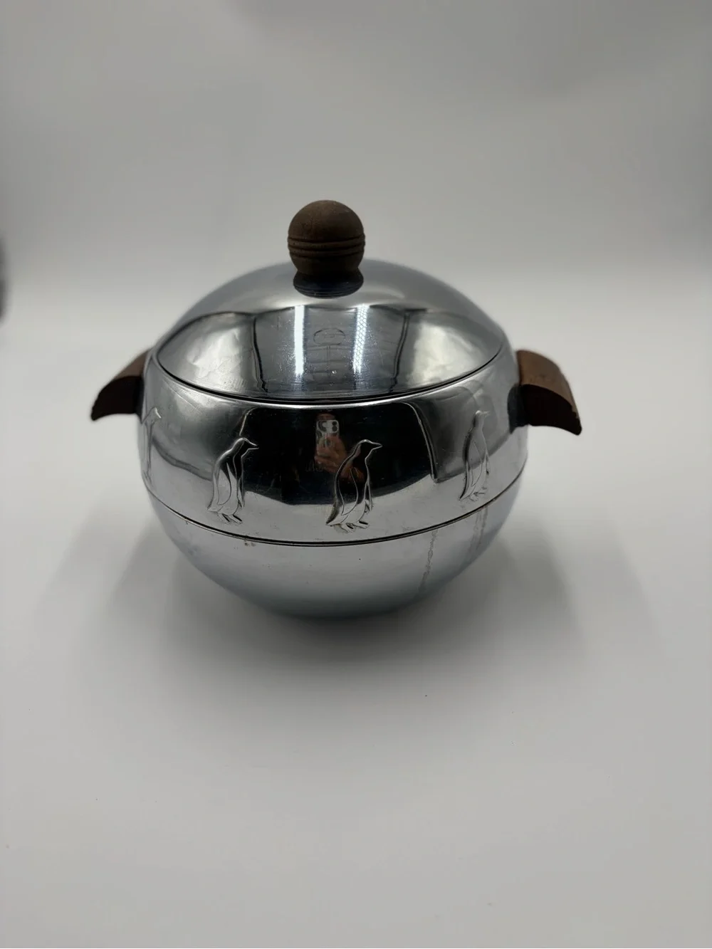 Stainless Steel Penguin Ice Bucket with Brown Wood Handles